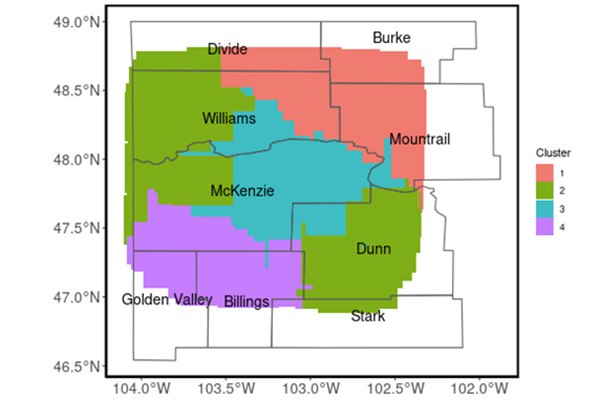 Map with labeled counties and color identifiers