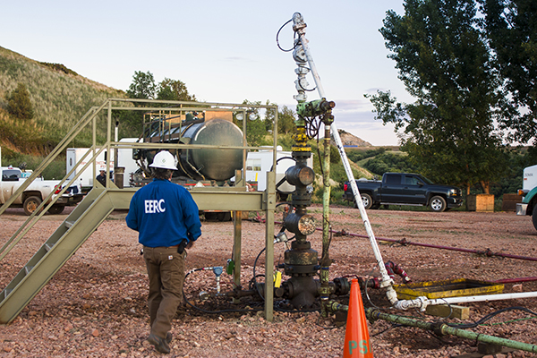 EERC employee at a CO2 injection site